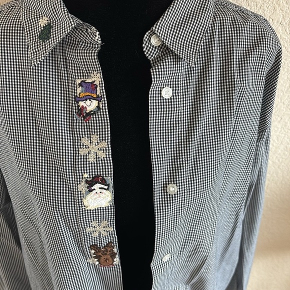 Vintage Christmas Santa Snowman Karen Scott Gingham Button Down Shirt 0057 - Picture 2 of 7